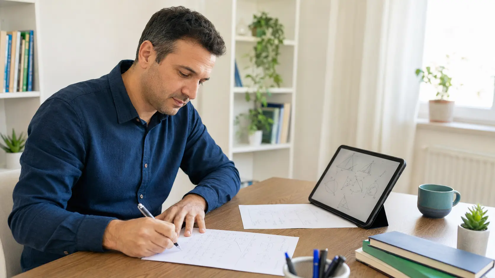 Kâğıt ve tablet üzerinde matematik çözümü hazırlayan gönüllü öğretmen