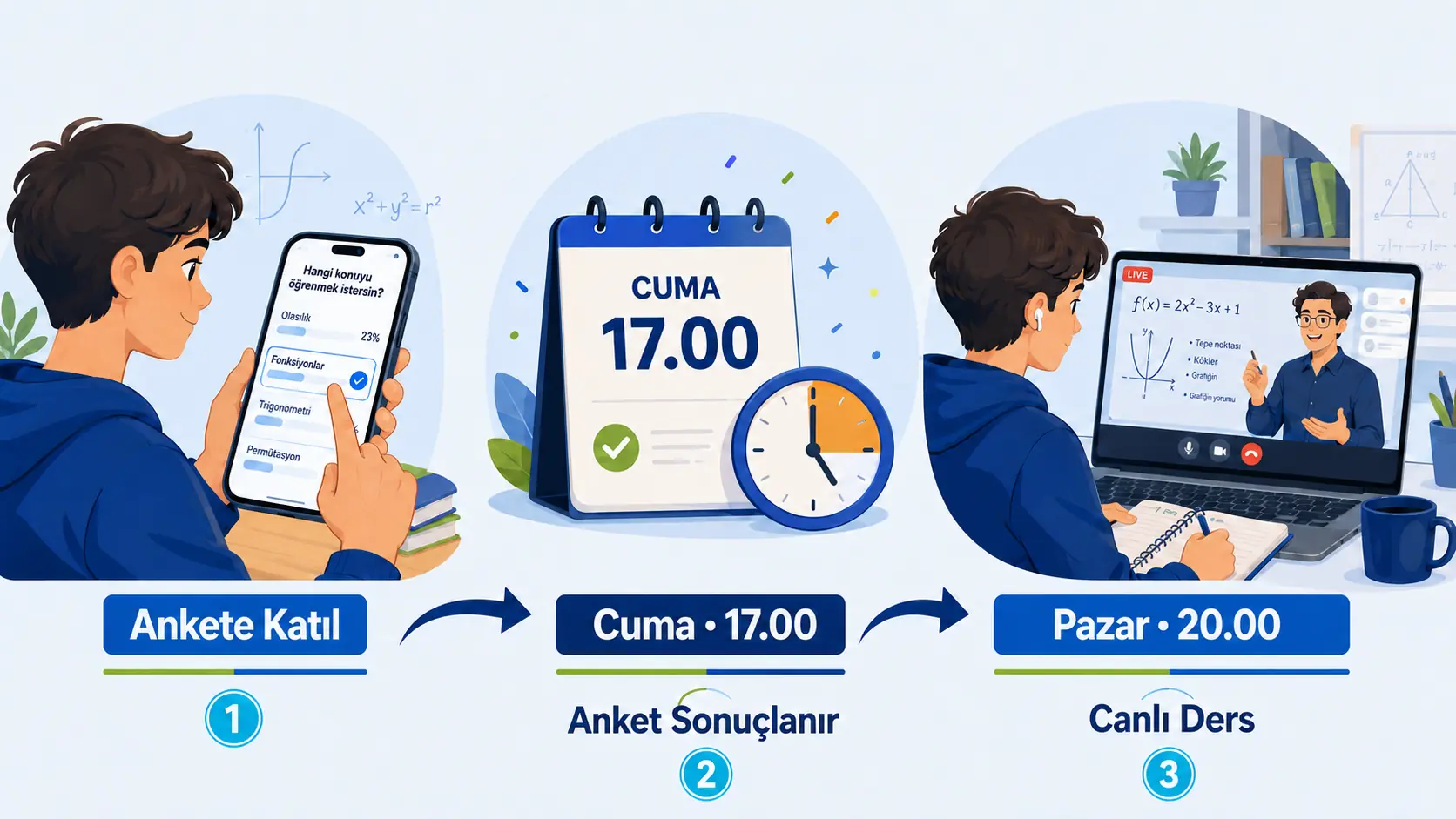 Öğrencinin ankete katılması, anketin cuma 17.00'de sonuçlanması ve canlı dersin pazar 20.00'de yapılması